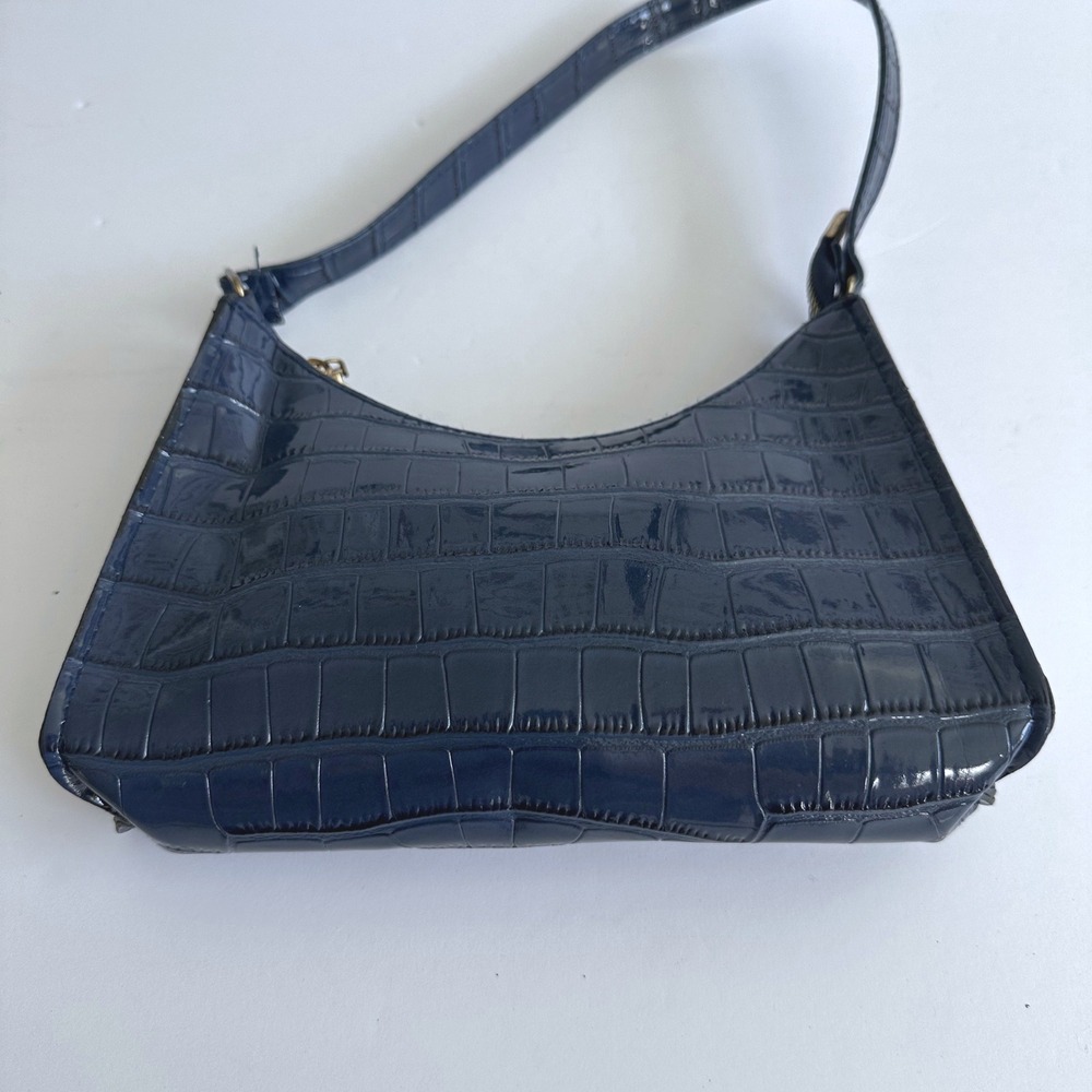 Y2K Navy Blue Croc Embossed Patent Faux Leather Shoulder Bag Going Out Party - Picture 2 of 12